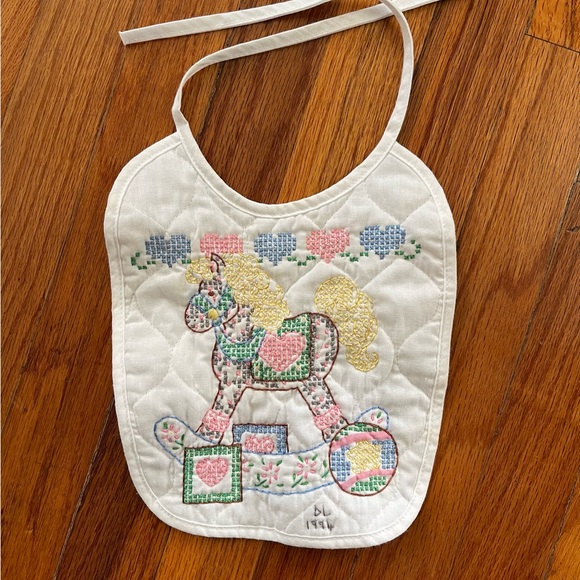 Vintage Hand Embroidered Rocking Horse Baby Bib - Picture 1 of 4